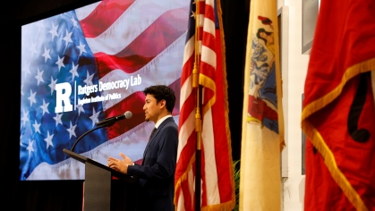 Rutgers student Christopher Godoy speaks at Rutgers Democracy Lab event